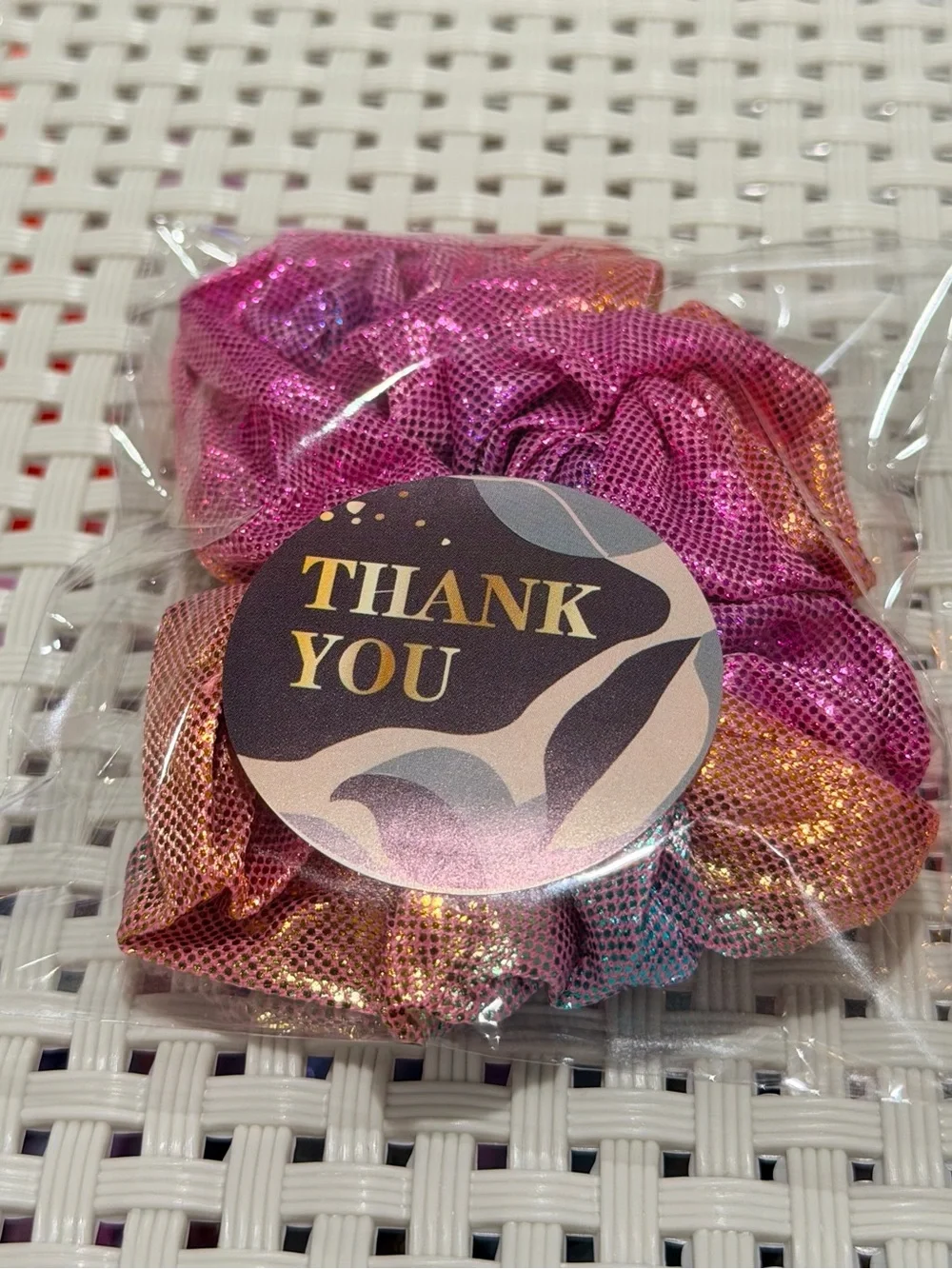 24 ct. Pre-Packed Assorted Metallic Party Favor Scrunchies W/Thank You Stickers